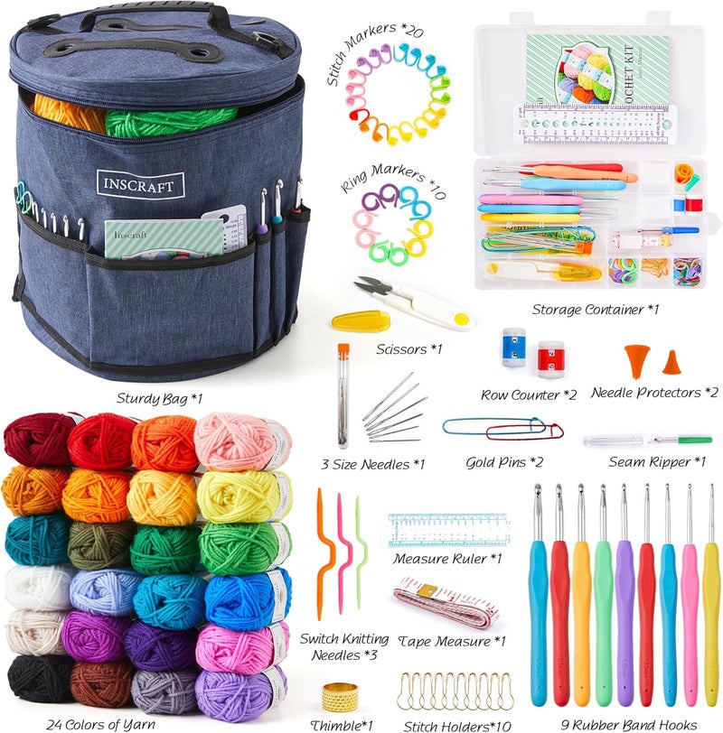 Inscraft Crochet Kit for Beginners Adults Kids - Great Knitting Starter Kit for Colorful Craft for Professionals, Make Amigurumi Projects Includes 24 Colors Yarn, Hooks, Instructions, a Durable Bag - Image 2